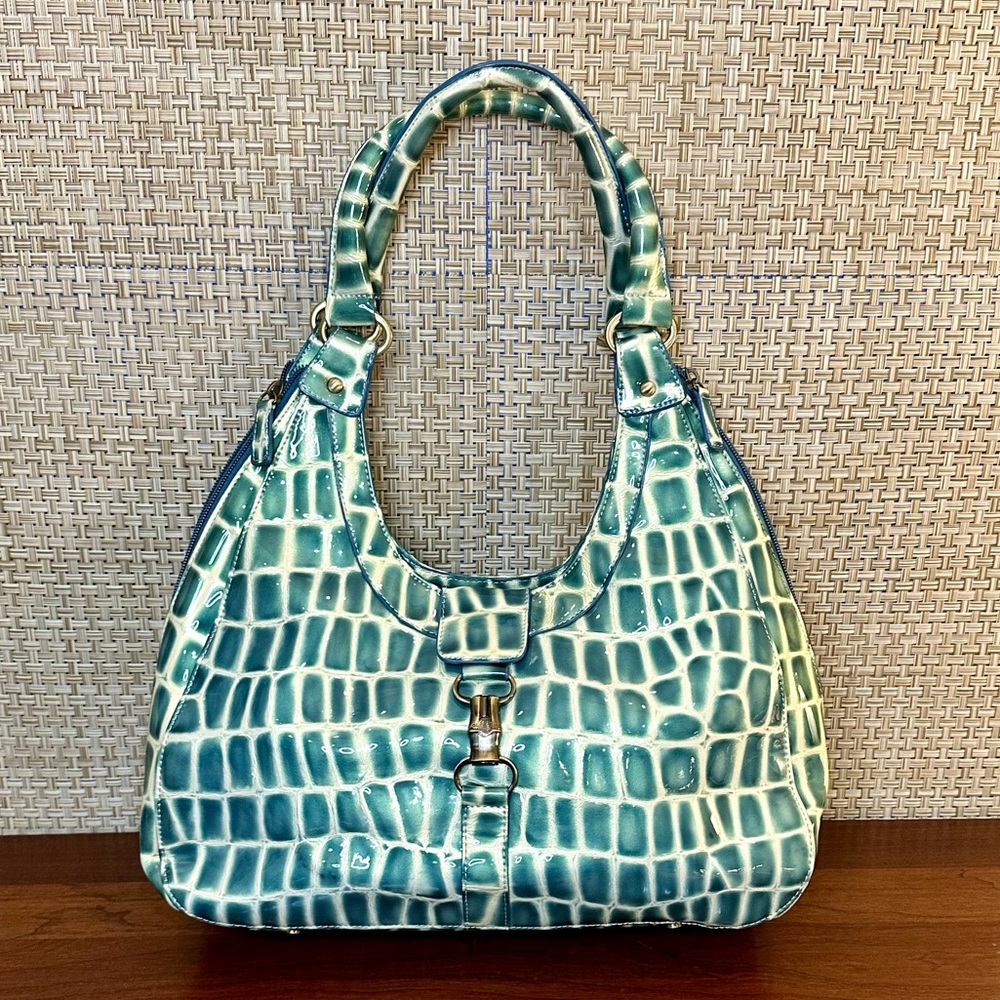 🌟2xHP🌟VTG 2000 Glossy Teal Mock Croc Vinyl Hobo Shoulder Bag C. Lapson Italy